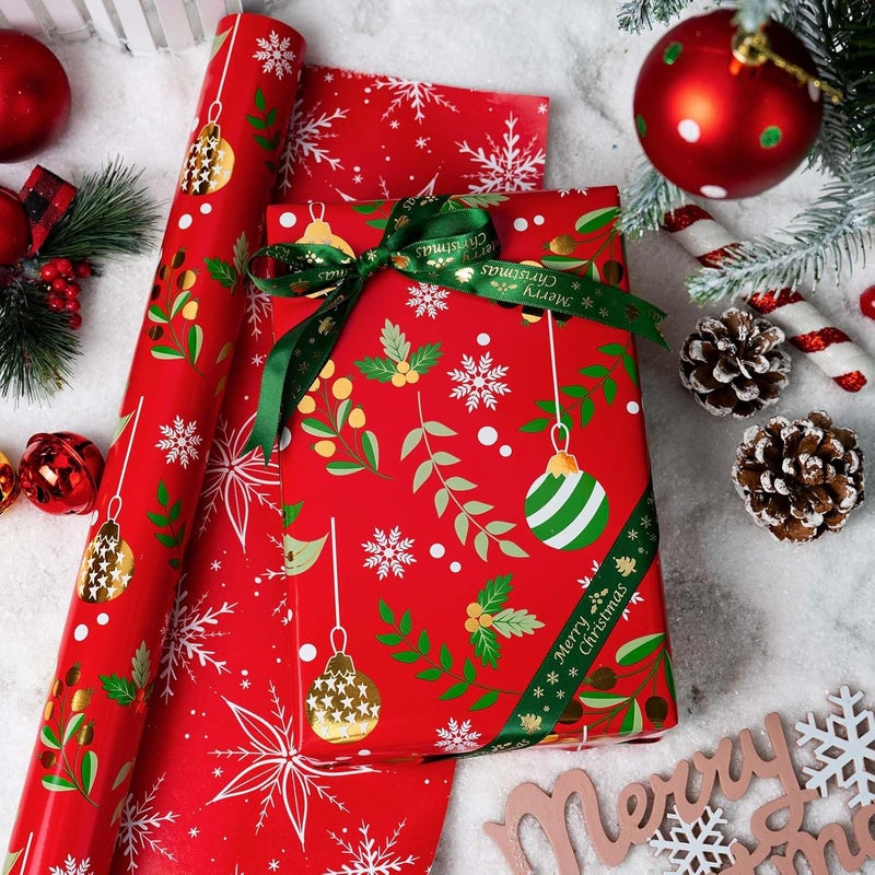 Retrify Red Wrapping Paper Roll - Metallic Gold Foil Bells, Berry and White Snowflake Mini Roll Gift Wrap Paper for Christmas New Year Festive Decoration - 17 Inches x 32.8 Feet - Image 2